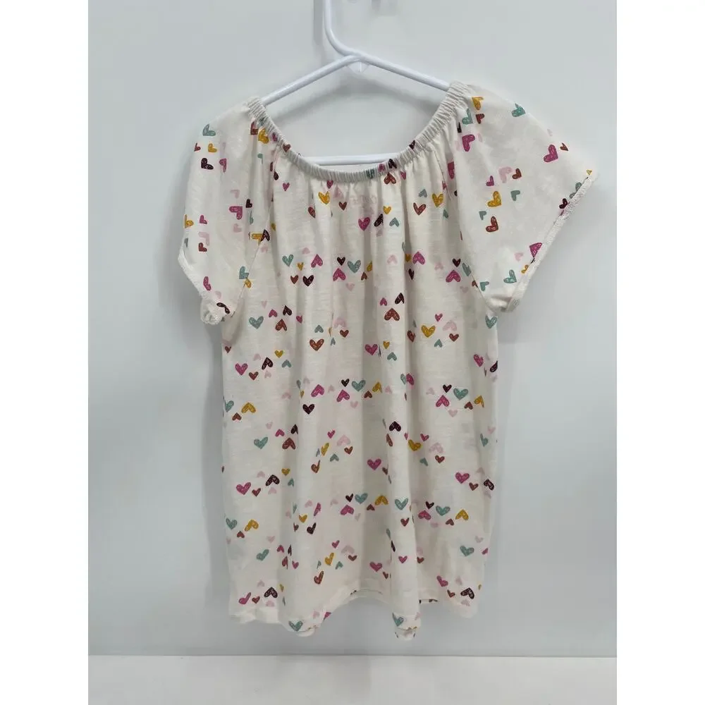 Cat & Jack Cream Heart Print Shirt Tunic Loose Cap Sleeve M 7/8 Girls